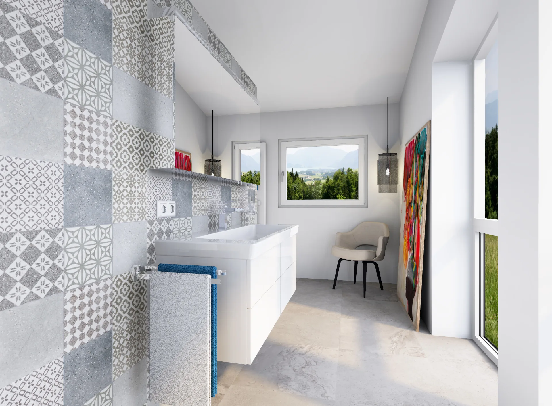 Attraktiver, großer Waschtisch im modernen Badezimmer mit Premium Ausstattung