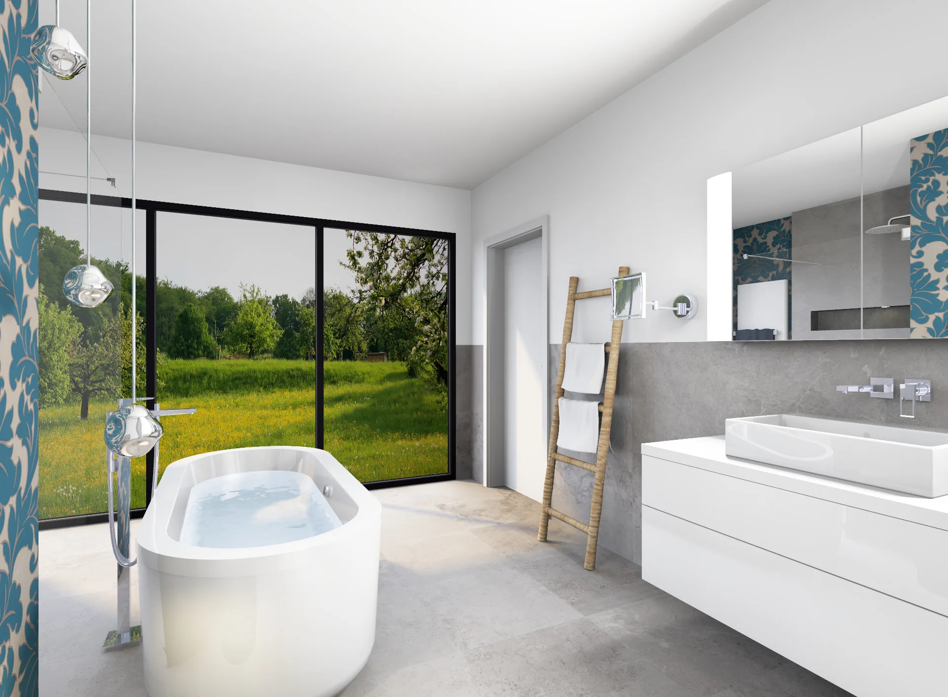 Großes, modernes Badezimmer in Premium Plus Ausstattung mit WC, Badewanne und Waschtisc